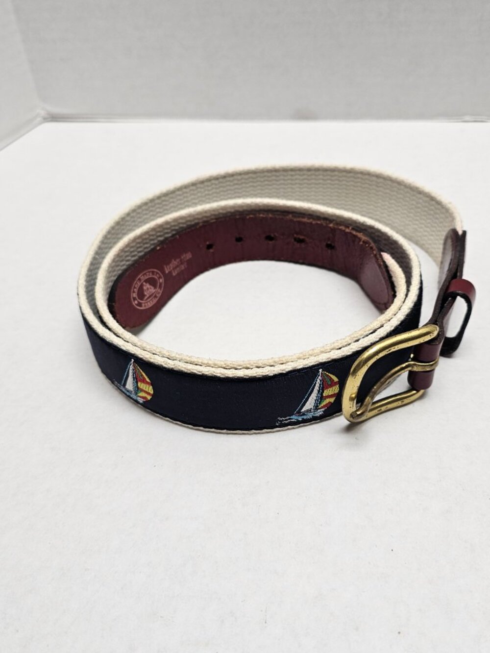 Hand Made in Essex Ct USA SailBoat Nautical Navy Blue Leather Men Brass Belt 40 - Picture 15 of 16